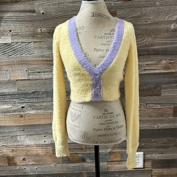 NWT For Love & Lemons Sheila Yellow & Purple Fuzzy Cropped Cardigan Size Small - Picture 3 of 10